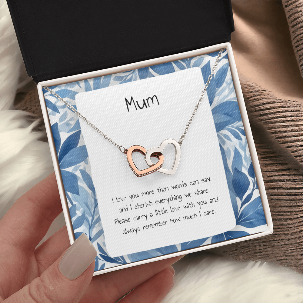 Present For Mum - Interlocking Heart Necklace - Personalised Message Card - Birthday Christmas Gift For Mother