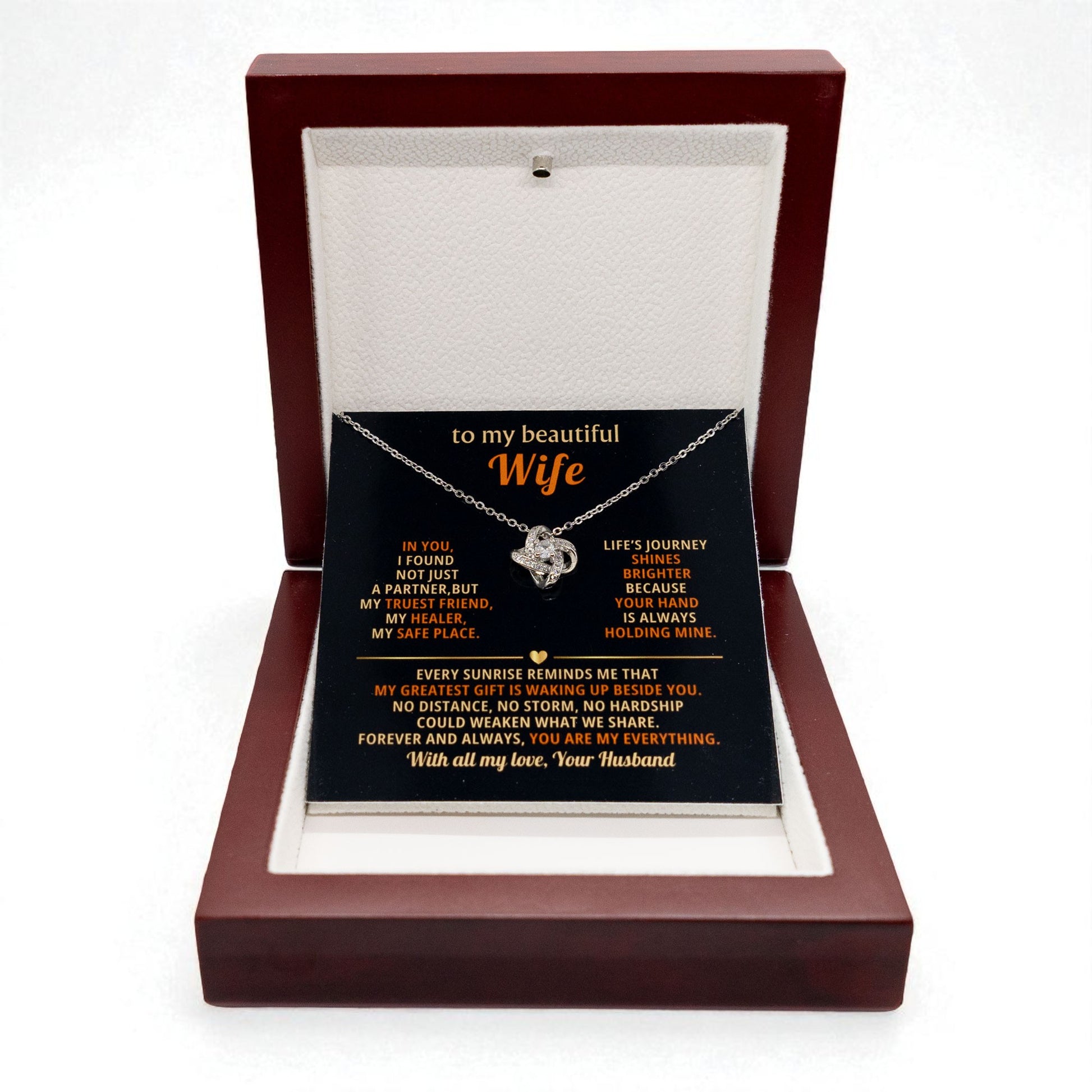 To My Beautiful Wife Love Knot Necklace, personalised Message Card Gift Boxed Wife Anniversary Gift