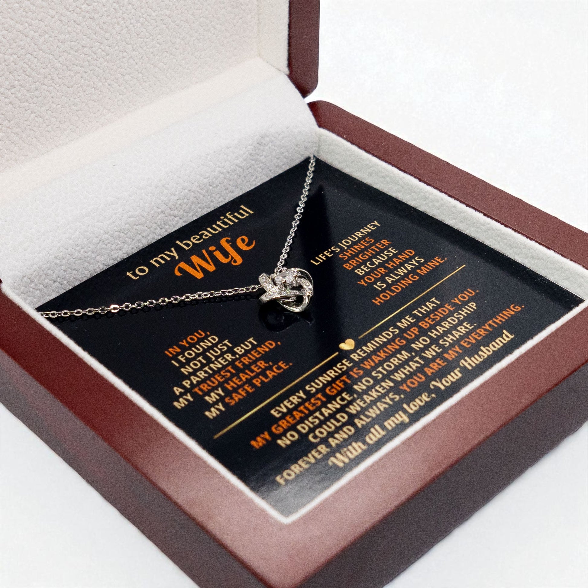 To My Beautiful Wife Love Knot Necklace, personalised Message Card Gift Boxed Wife Anniversary Gift