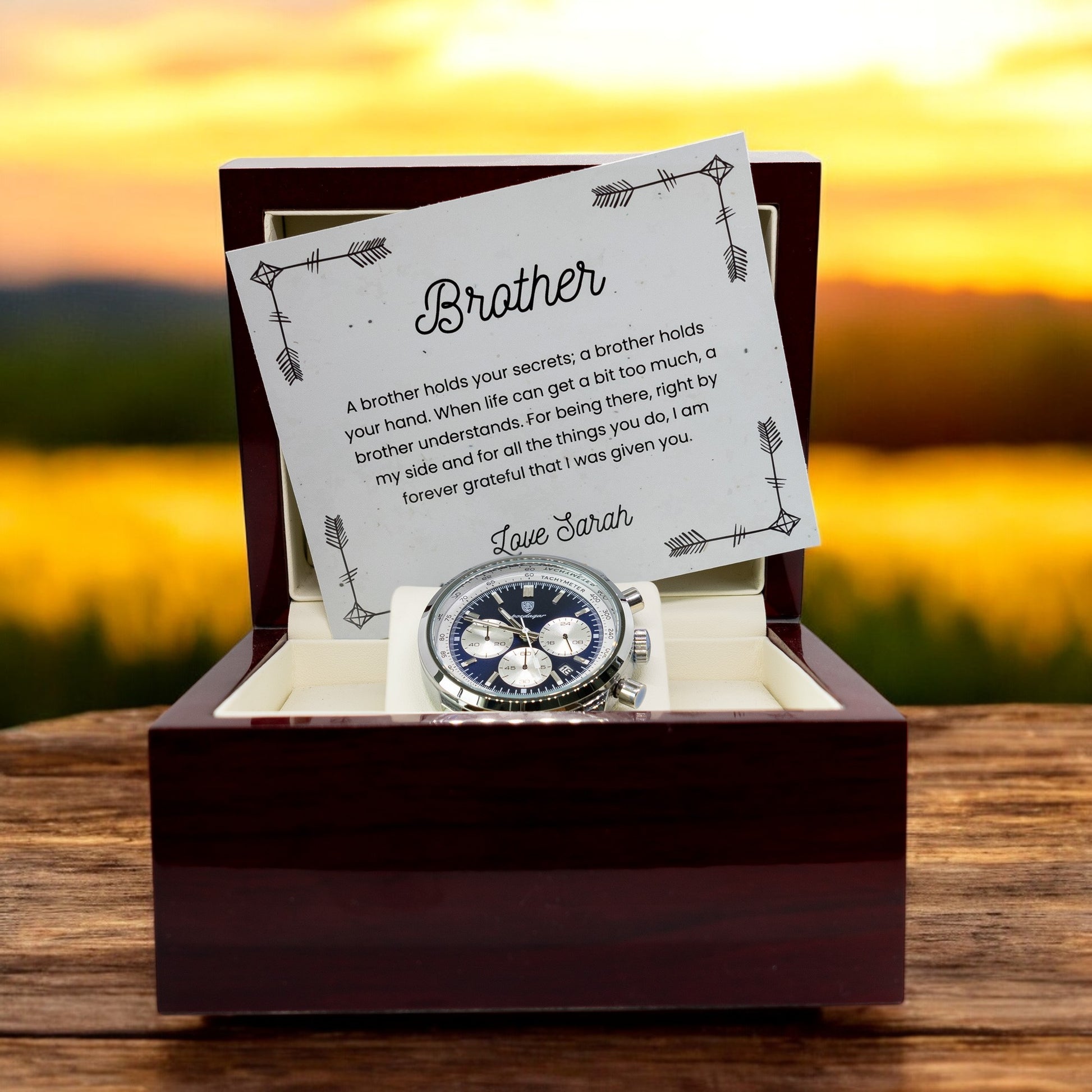 Brother Gifts, Gift Watch Set For Brother - Luxury Watch Gift Set With Custom Message Card In Mahogany Box