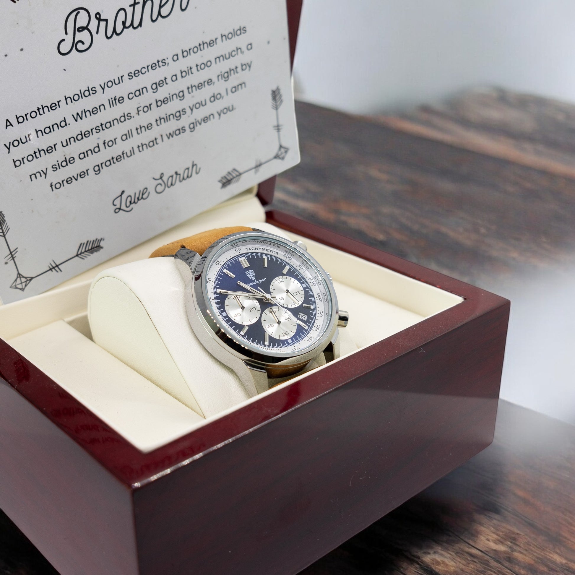 Brother Gifts, Gift Watch Set For Brother - Luxury Watch Gift Set With Custom Message Card In Mahogany Box