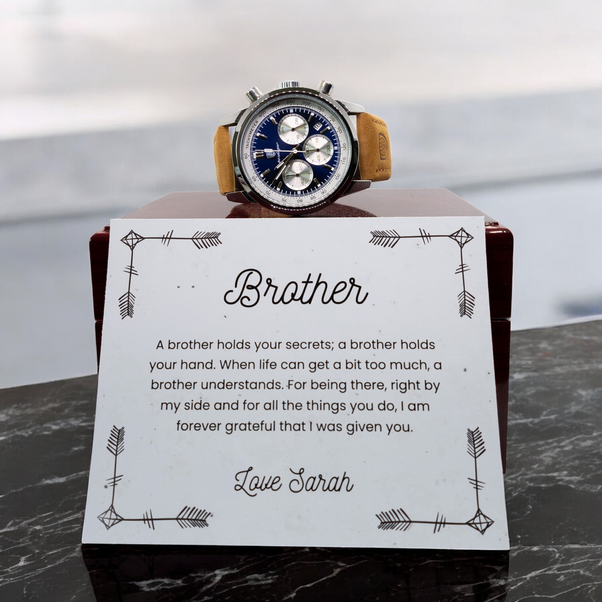 Brother Gifts, Gift Watch Set For Brother - Luxury Watch Gift Set With Custom Message Card In Mahogany Box