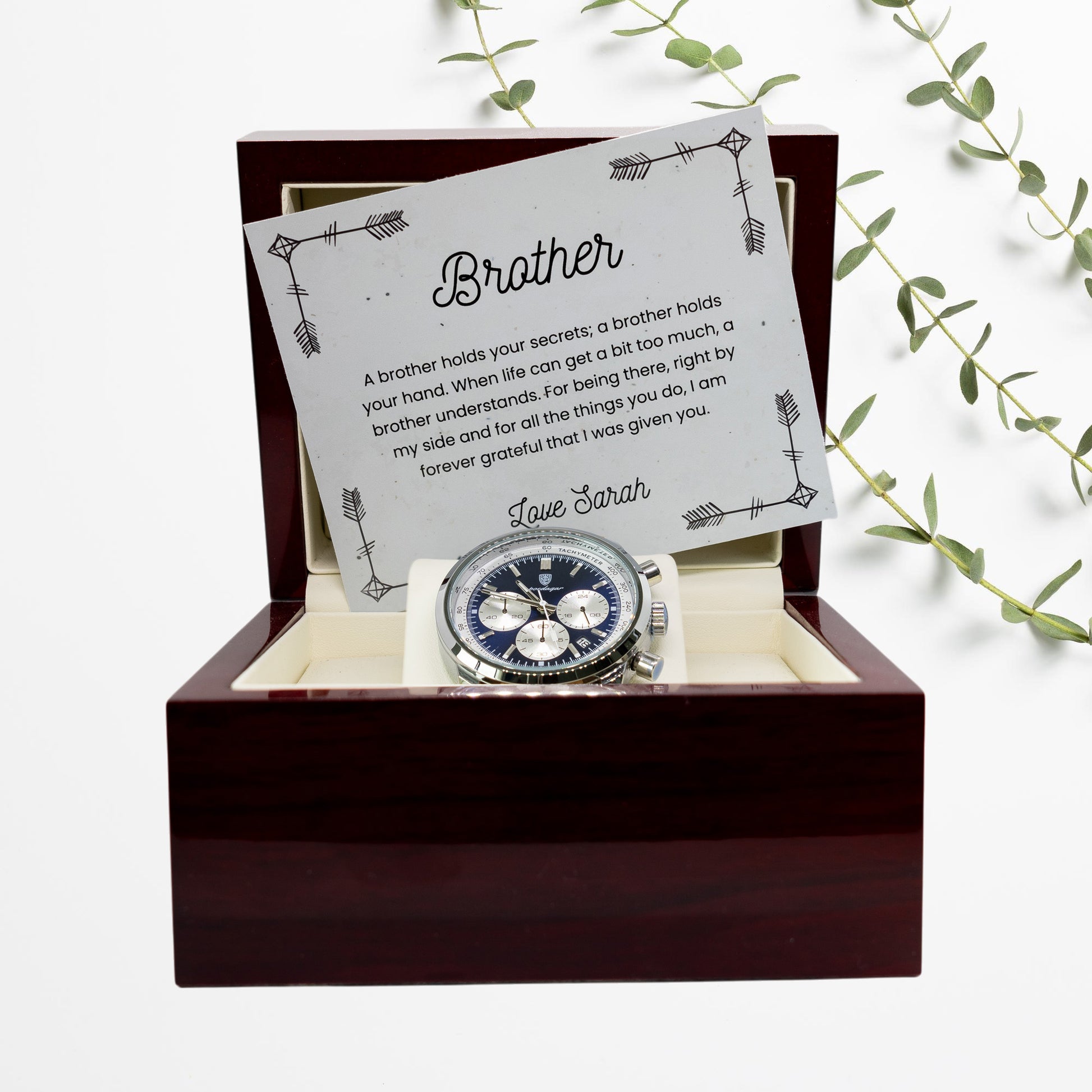 Brother Gifts, Gift Watch Set For Brother - Luxury Watch Gift Set With Custom Message Card In Mahogany Box