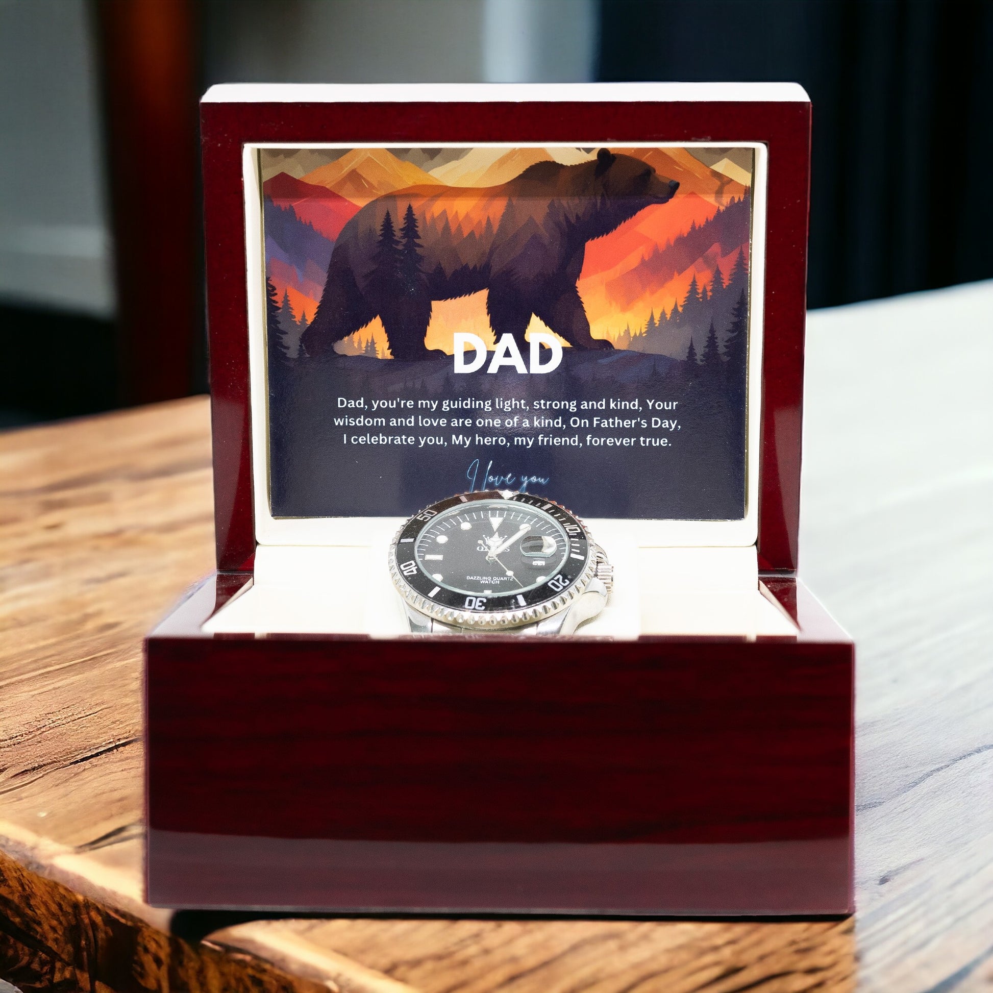 Gift Watch For Dad - Luxury Watch Gift Set With Custom Message Card In Mahogany Box