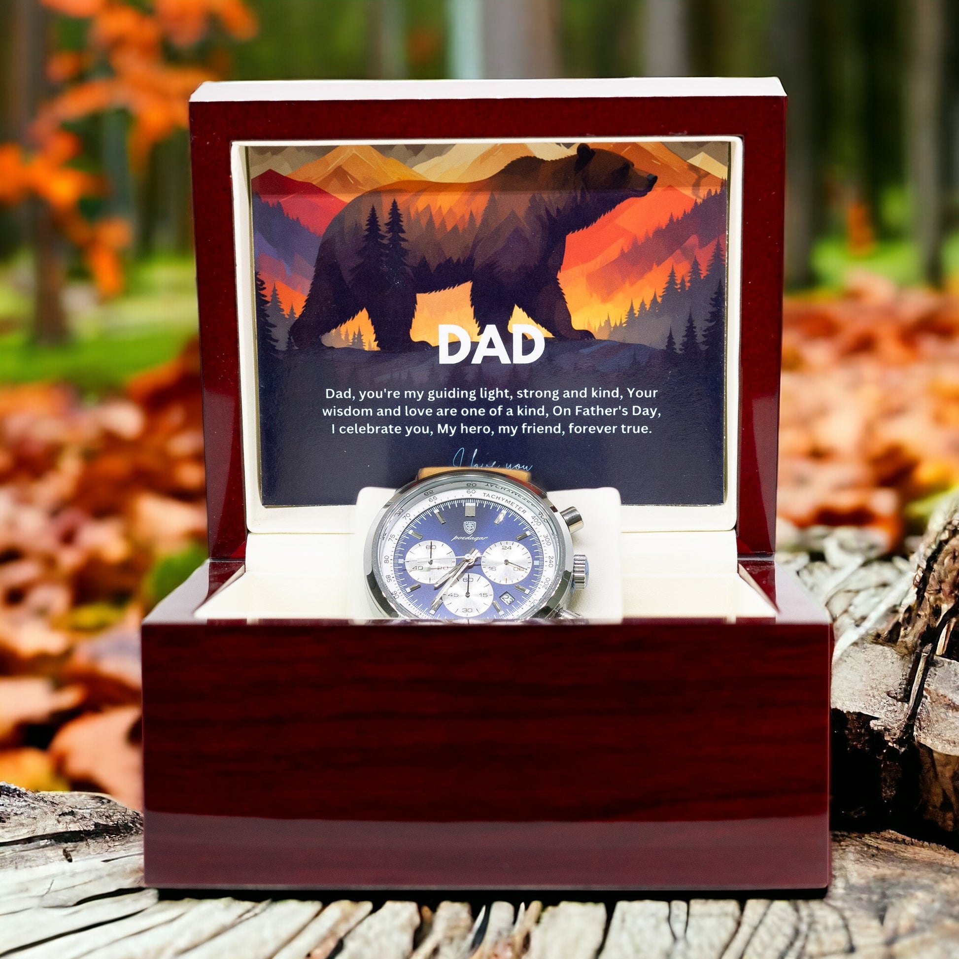 Gift Watch For Dad - Luxury Watch Gift Set With Custom Message Card In Mahogany Box