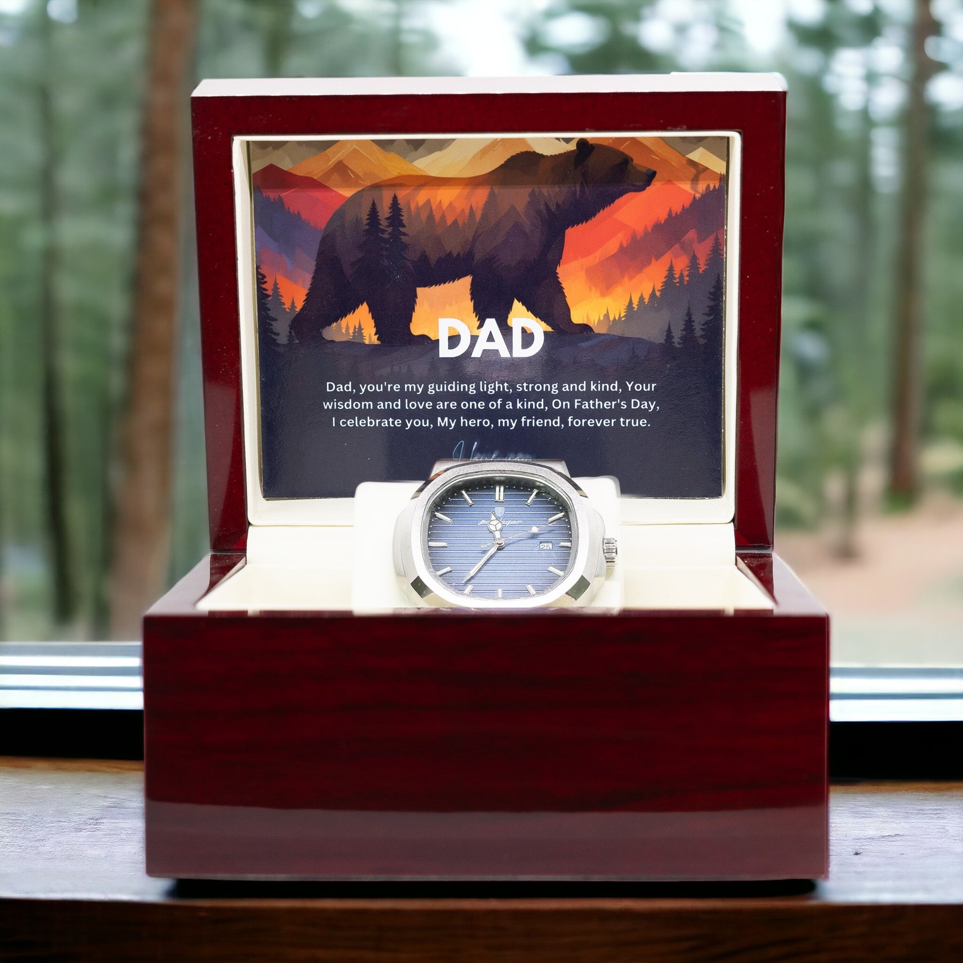 Gift Watch For Dad - Luxury Watch Gift Set With Custom Message Card In Mahogany Box