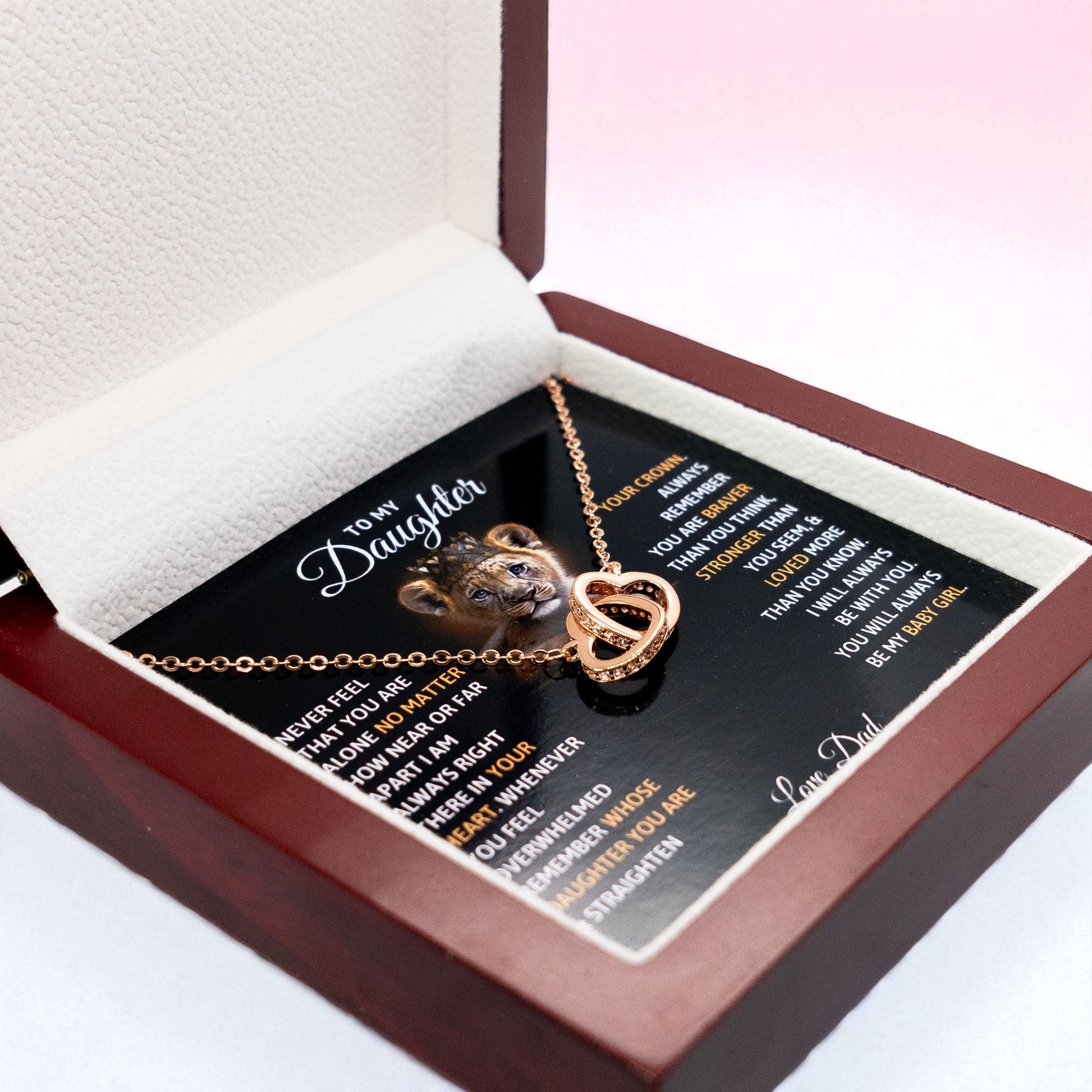 To My Daughter Your A Lioness - Beautiful Interlocking Heart Necklace Personalised Gift From Dad
