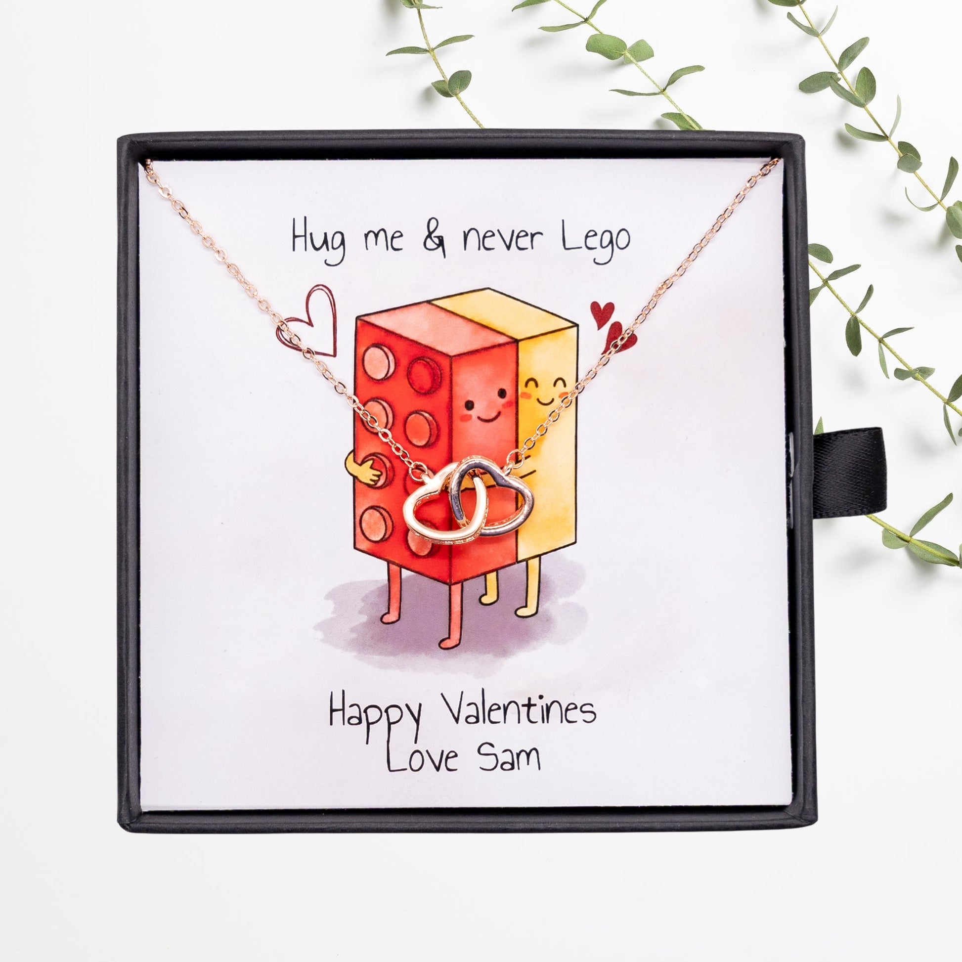 Lego Themed Personalised Necklace and Message Card - "Hug me & Never Lego"