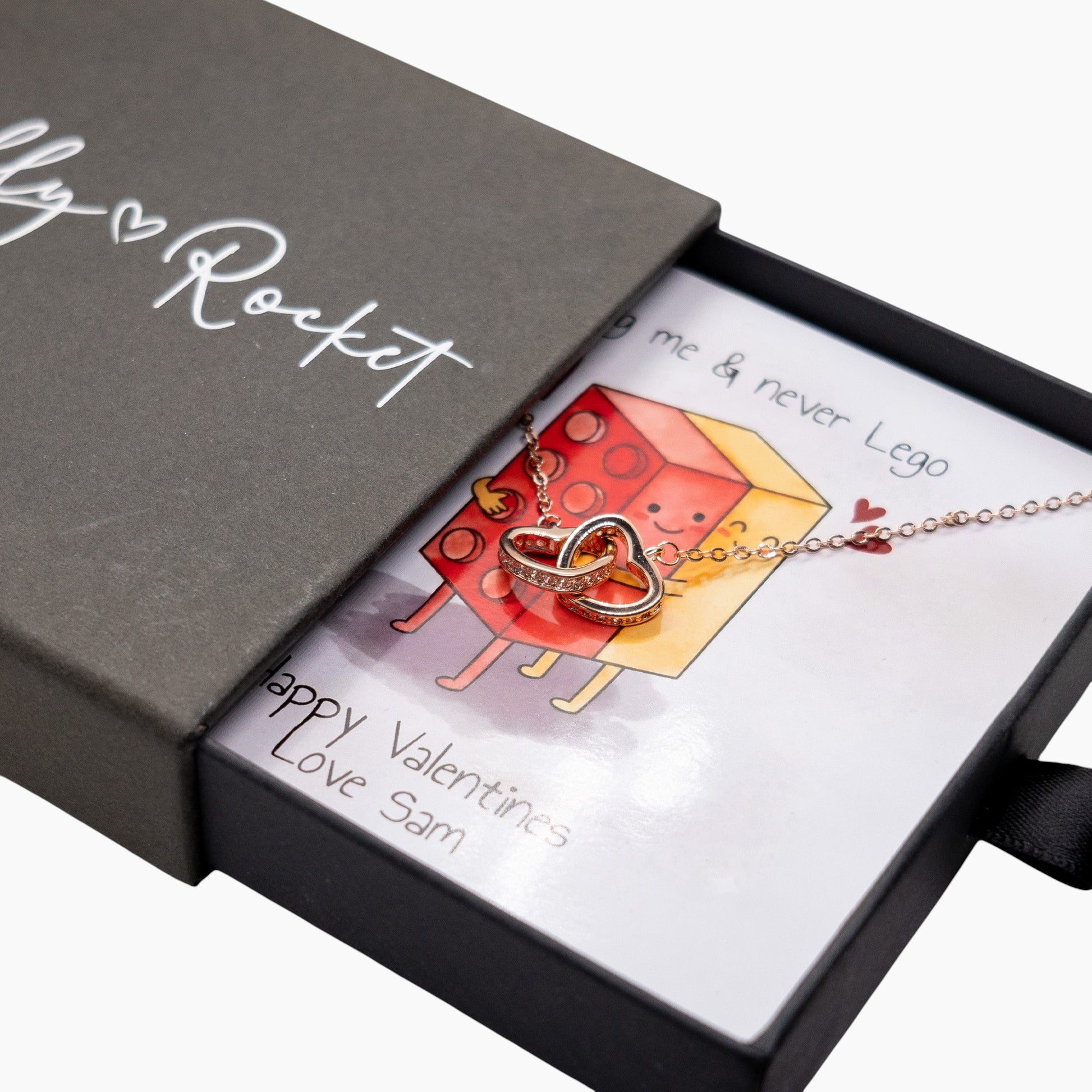 Lego Themed Personalised Necklace and Message Card - "Hug me & Never Lego"