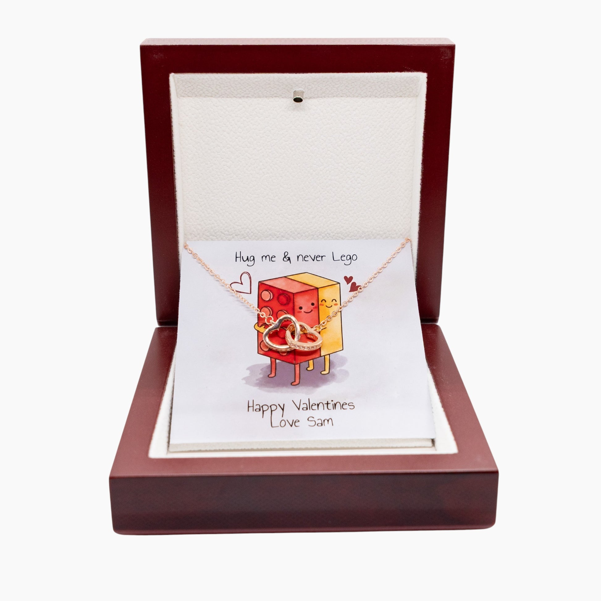 Lego Themed Personalised Necklace and Message Card - "Hug me & Never Lego"