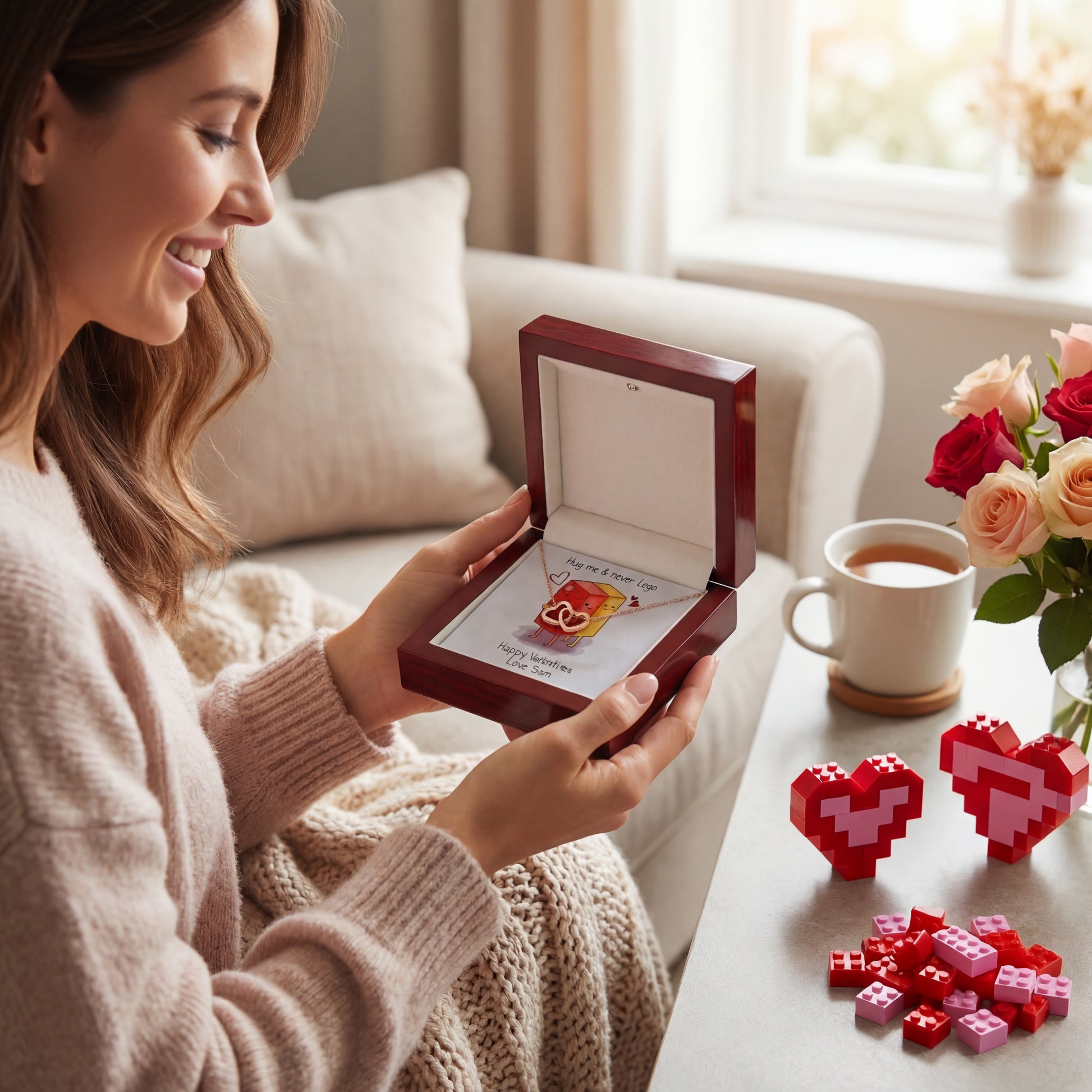 Lego Themed Personalised Necklace and Message Card - "Hug me & Never Lego"