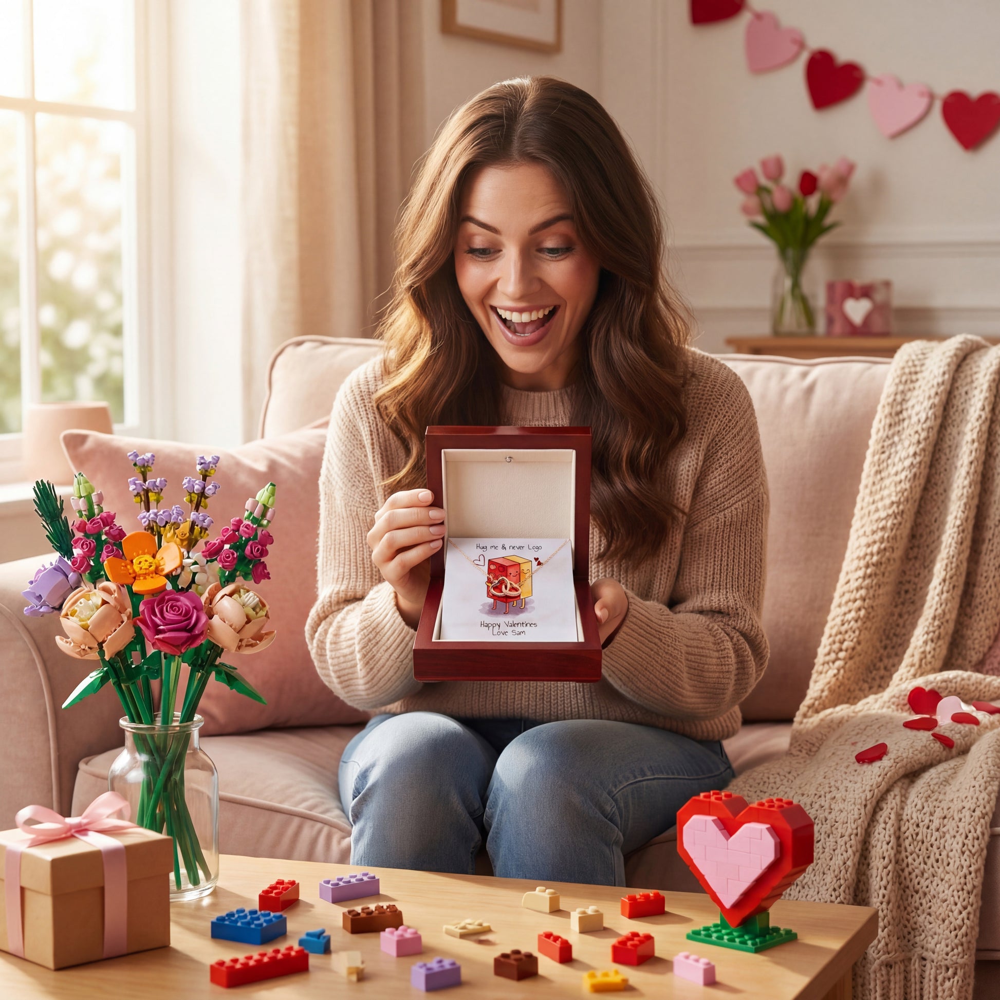 Lego Themed Personalised Necklace and Message Card - "Hug me & Never Lego"