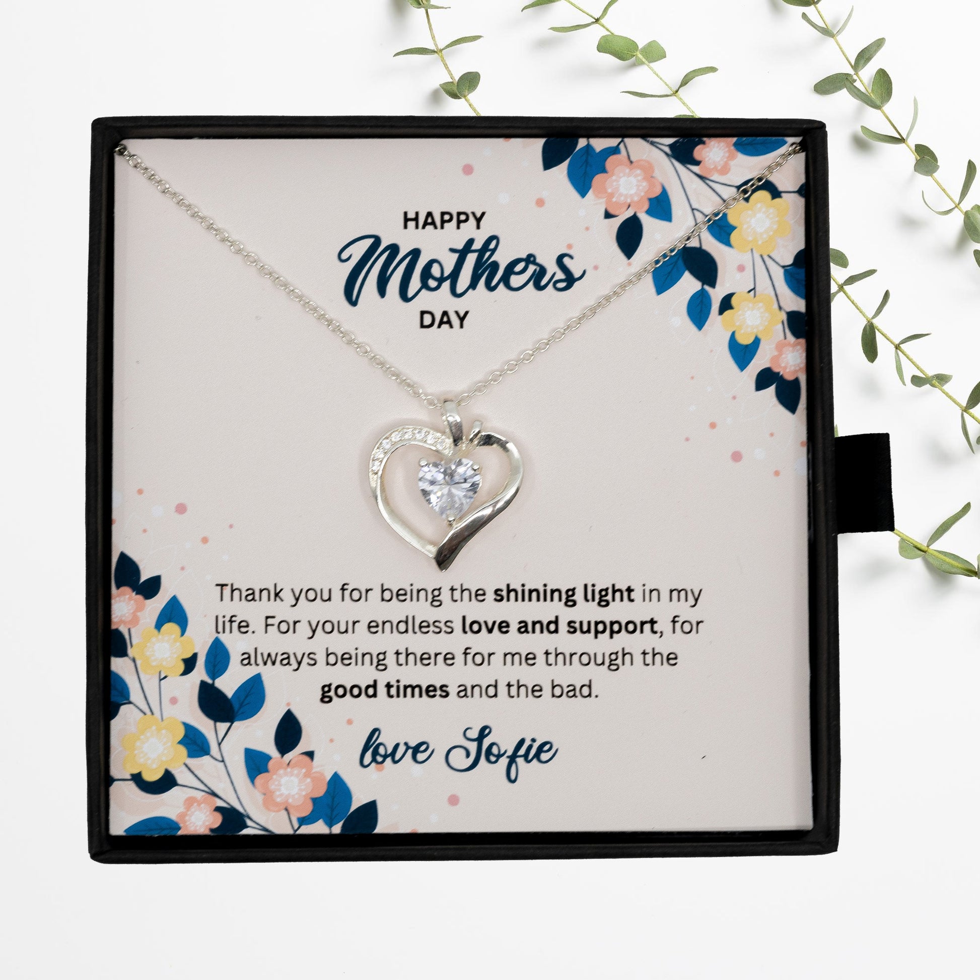Happy Mothers Day - Choice of Silver Necklaces in a Mahogany Gift Box with a Custom Message Card - Gift from Son / Daughter For Mom