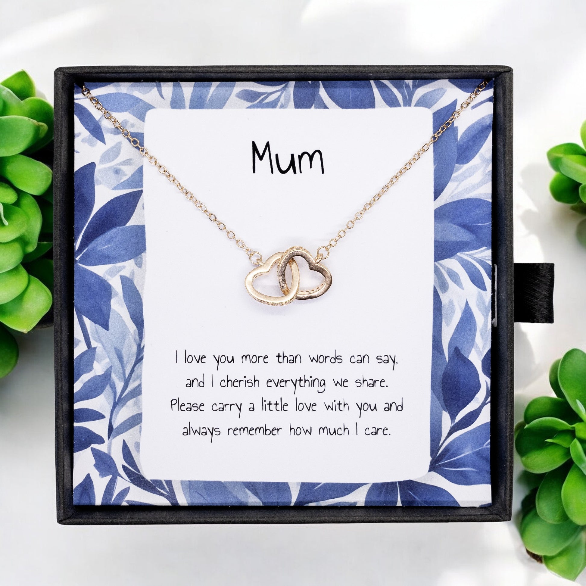 Present For Mum - Interlocking Heart Necklace - Personalised Message Card - Birthday Christmas Gift For Mother