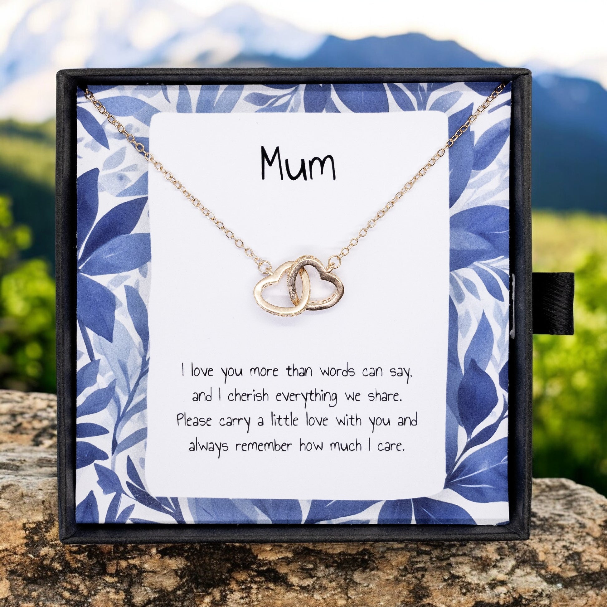 Present For Mum - Interlocking Heart Necklace - Personalised Message Card - Birthday Christmas Gift For Mother