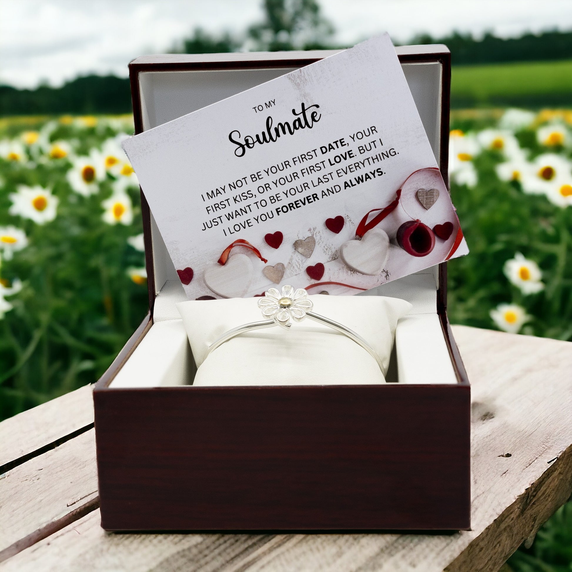 To My Soulmate Heart Themed - Sterling Silver Jewellery Bangle - Wooden Box with Custom Message Card - Gift For Her - Anniversary