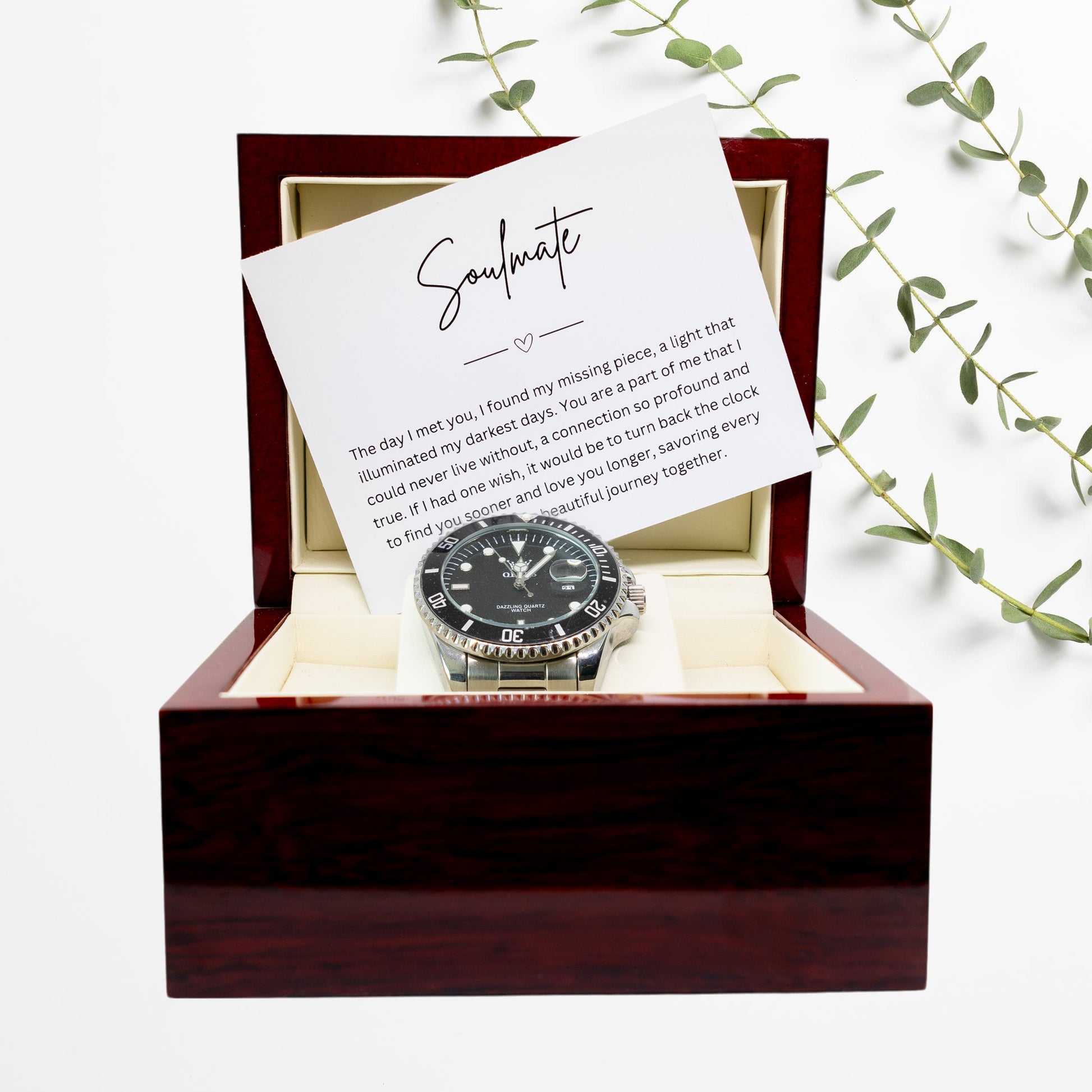 Gift Watch Set For Soulmate - Luxury Watch Gift Set With Custom Message Card In Mahogany Box