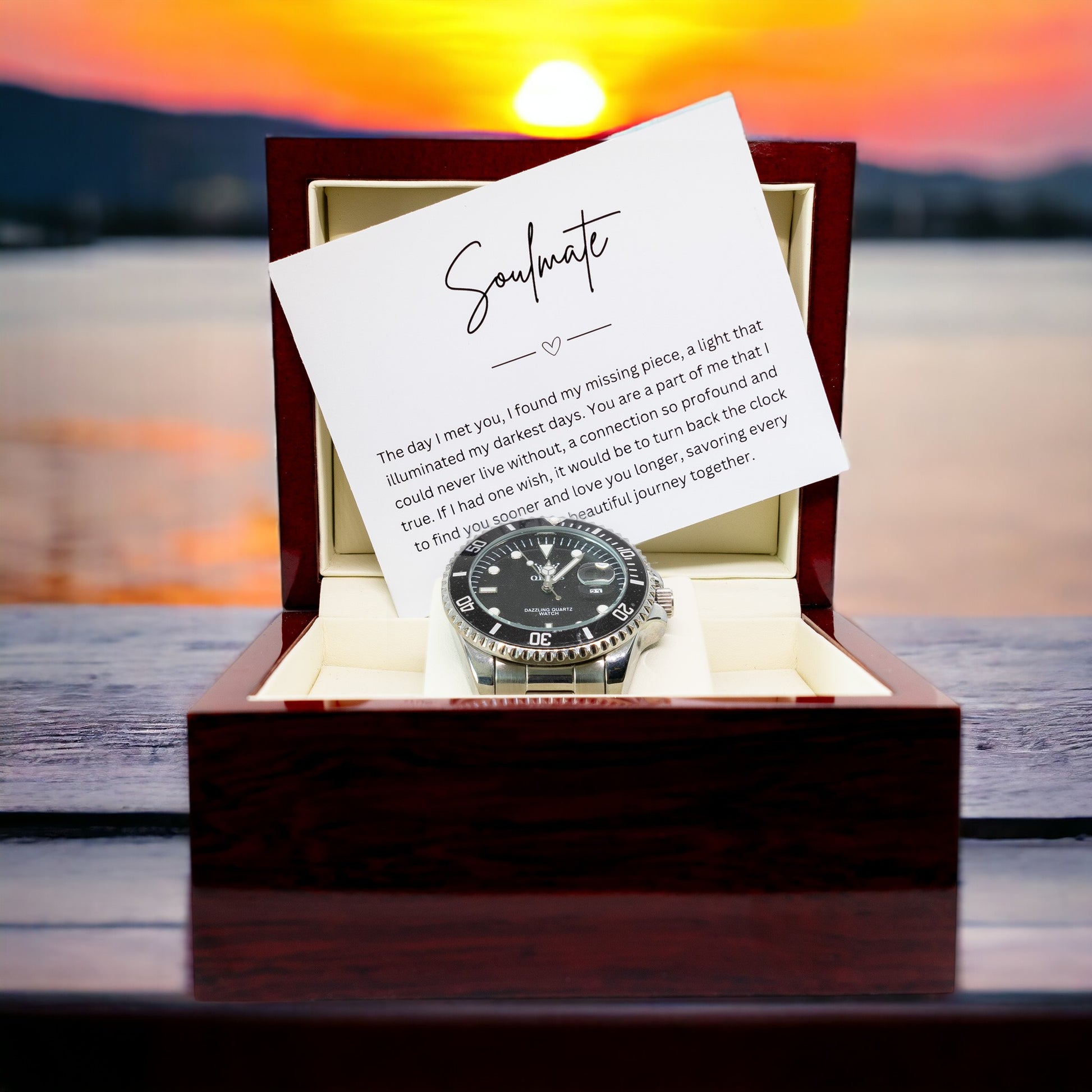 Gift Watch Set For Soulmate - Luxury Watch Gift Set With Custom Message Card In Mahogany Box