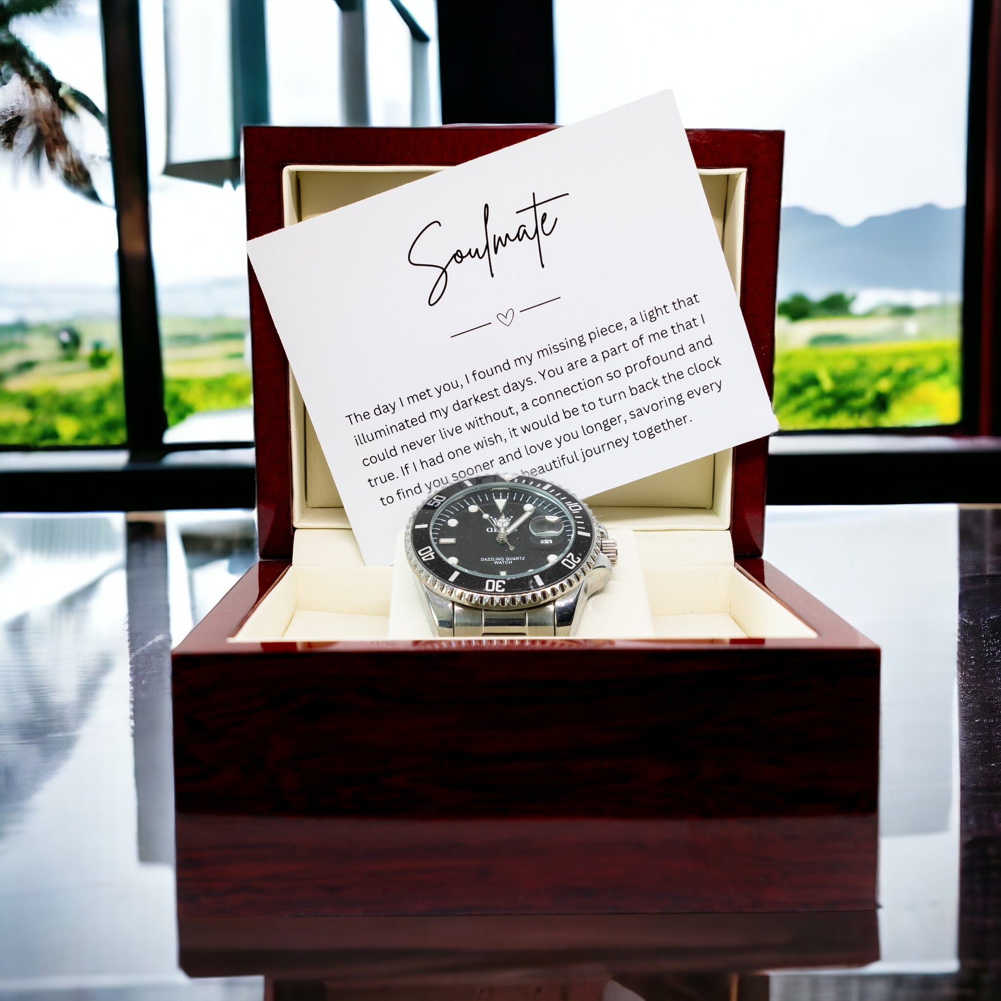 Gift Watch Set For Soulmate - Luxury Watch Gift Set With Custom Message Card In Mahogany Box