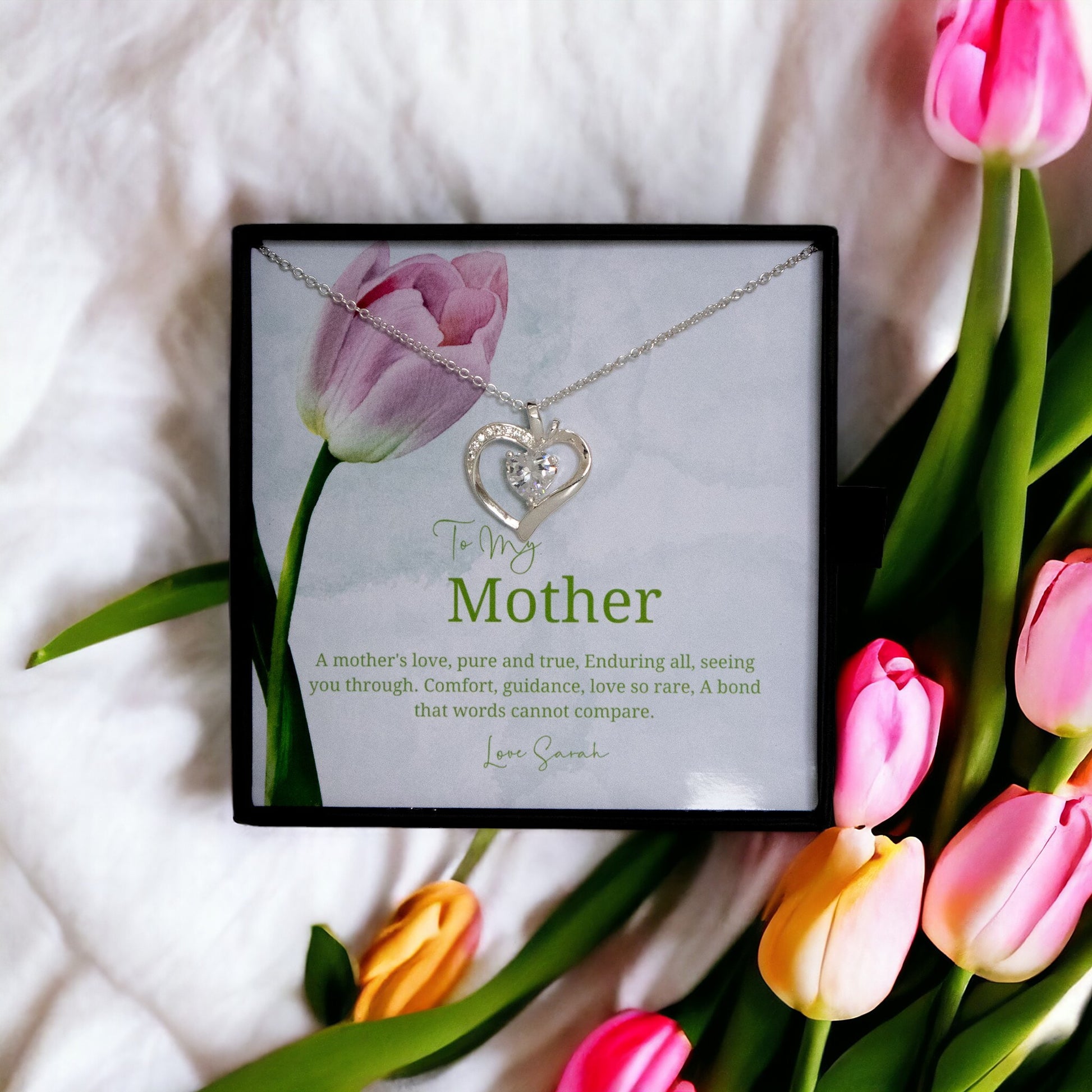 To My Mother - Choice of Beautiful Silver Necklaces in a Mahogany Gift Box with a Custom Message Card - Gift from Son / Daughter For Mum
