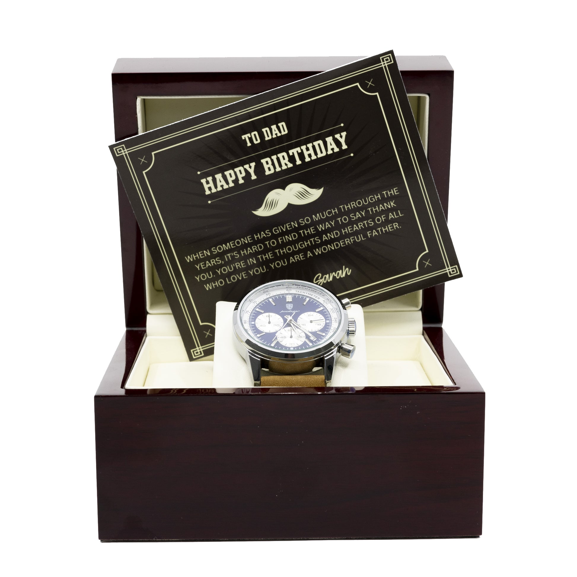 To My Dad - Happy Birthday - Luxury Watch Gift Set With Custom Message Card In Mahogany Box - Gift For Dad