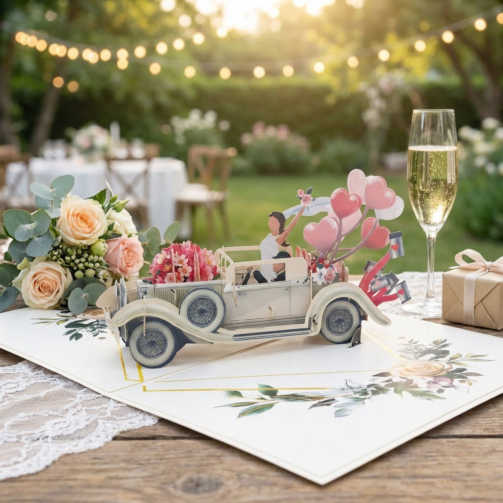 Wedding Themed 3D Popup Honeymoon Car Greeting Card