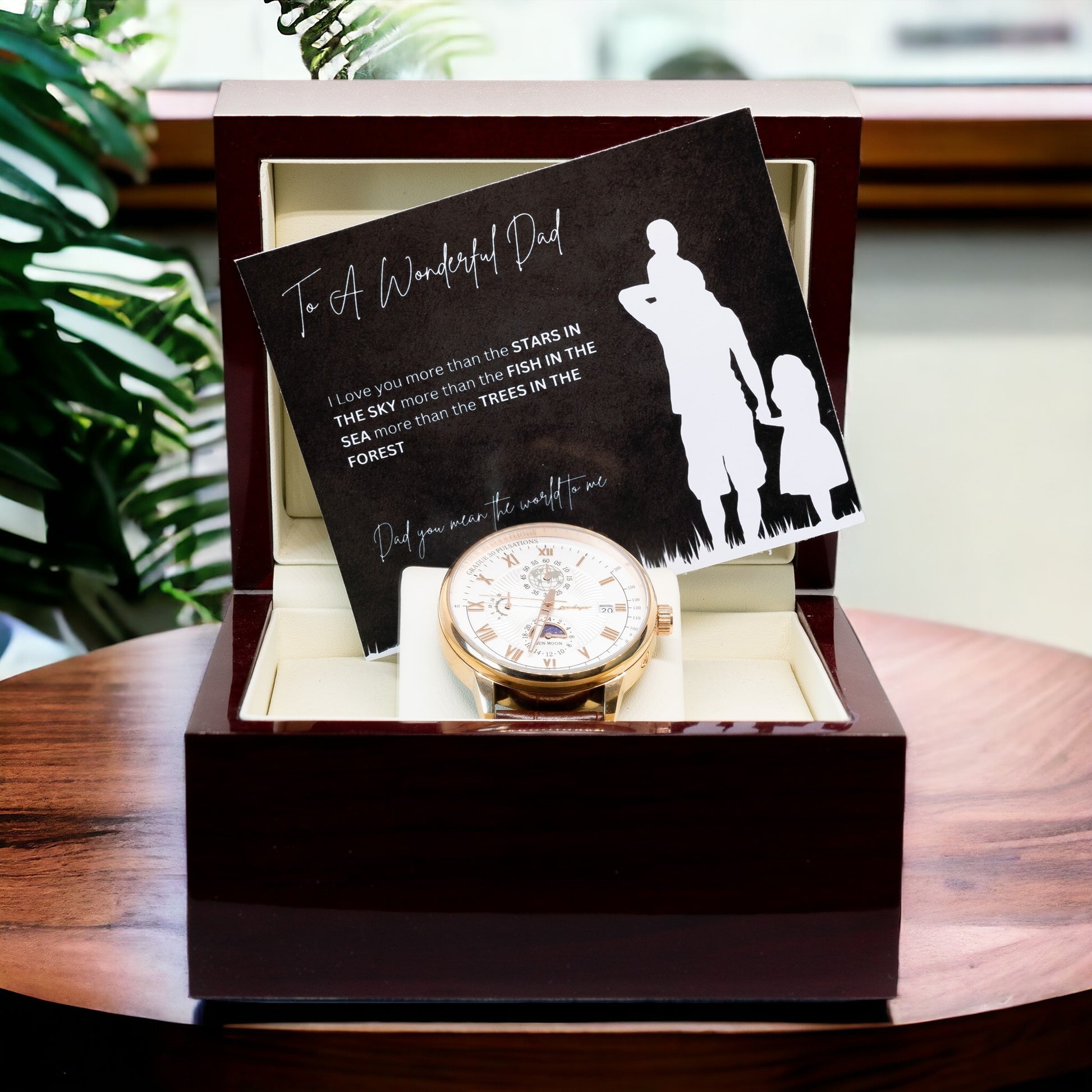 To a Wonderful Dad - Luxury Gift Watch Set - Mahogany Box - Custom Message Card Gift For Birthday's Christmas - Fathers Day